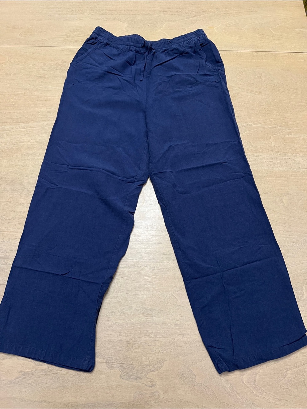 Wide Leg Linen-Blend Pants - Navy